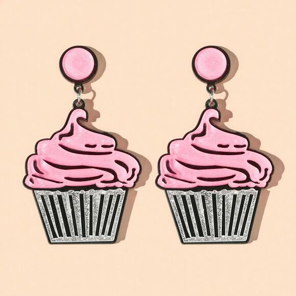 Pink Glitter Cupcake Acrylic Birthday‎ Earrings - Picture 1 of 7